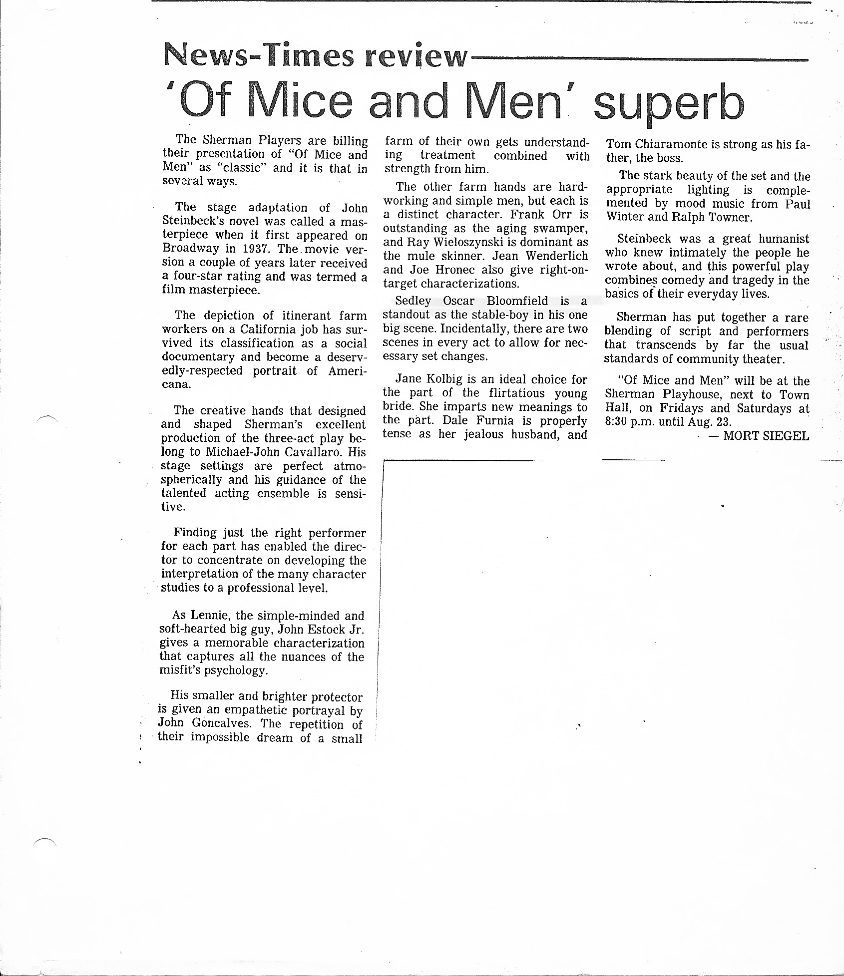 News-Times review calling Sedly Bloomfield a standout in Of Mice and Men